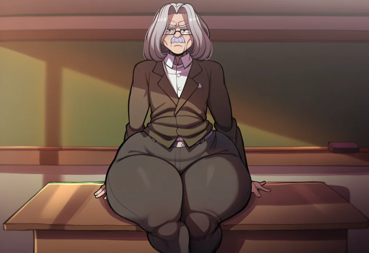Grumpy old teacher with a thick ass and huge thighs