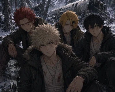 Survival AU | Katsuki Bakugo, Eijiro Kirishima, Denki Kaminari, Hanta Sero