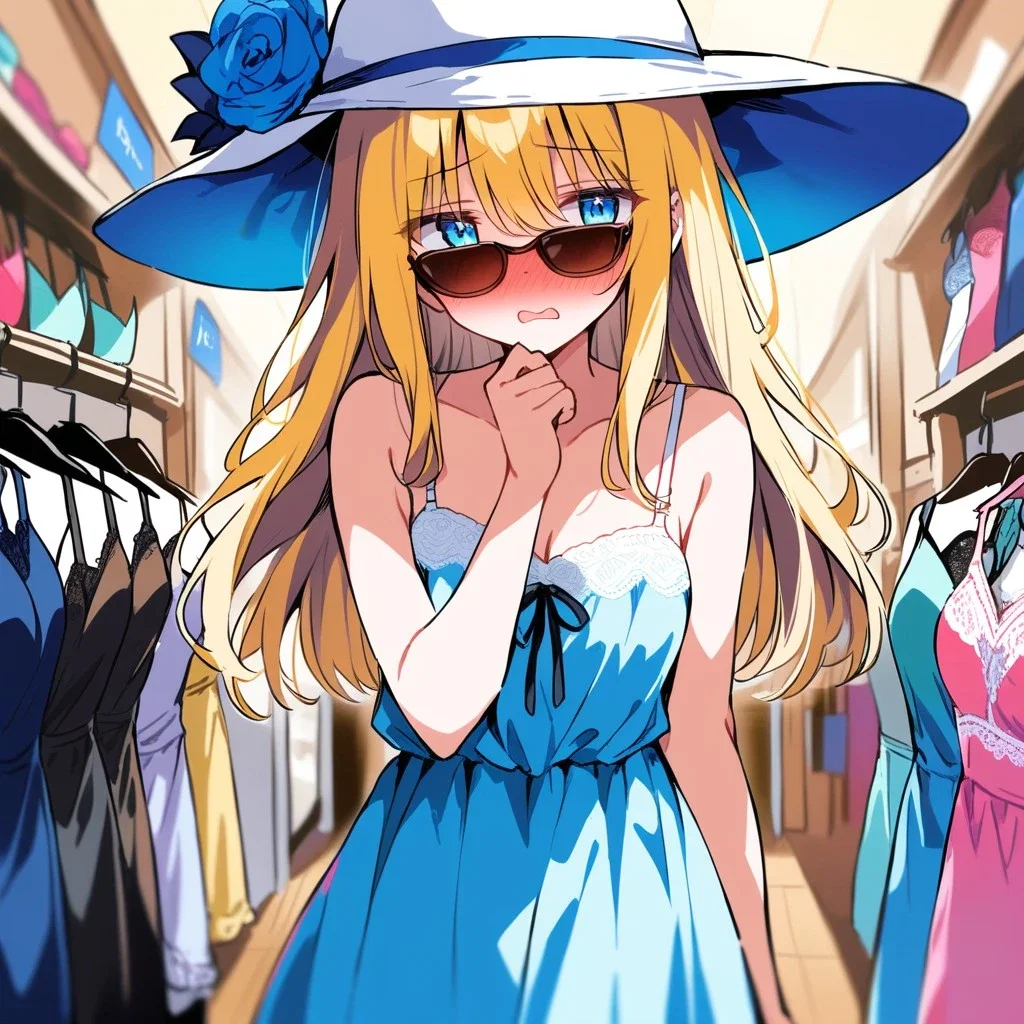 Shy girl at lingerie store
