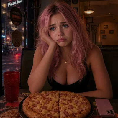 Neighbor married woman seems depressed in the local pizzeria