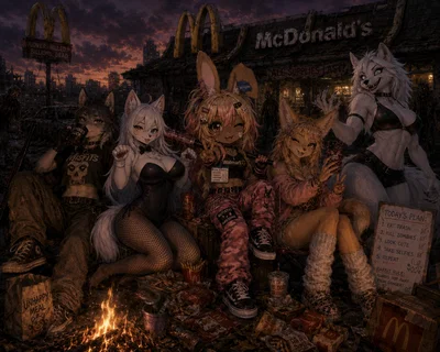 Furry friend group hang out in the middle of a zombie apocalypse.