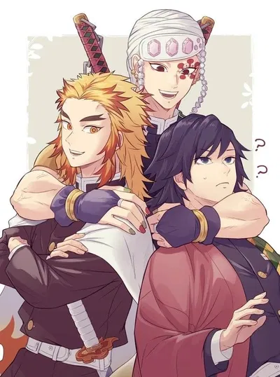 Tengen Uzui, Kyojuro Rengoku, and Giyuu Tomioka 