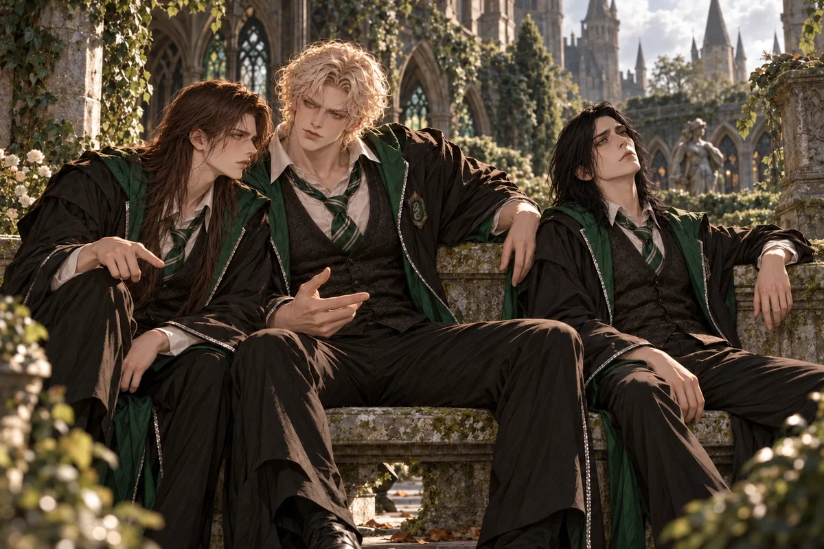 Slytherin dream team : Severus Snape , Bruce Mulciber , Gaspard Avery  (AU: Snape is an adult in his seventh year at Hogwarts)