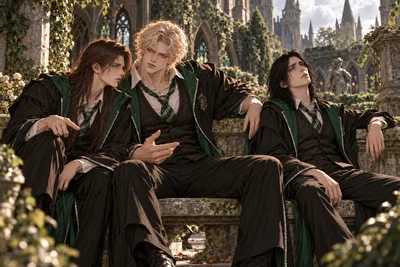 Slytherin dream team : Severus Snape , Bruce Mulciber , Gaspard Avery  (AU: Snape is an adult in his seventh year at Hogwarts)