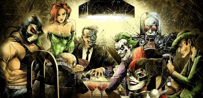 Gotham Rogues Villains: Joker. Harley. Poison Ivy. Scarecrow. Bane.  Riddler. Mr Freeze. Two-Face. Penguin.