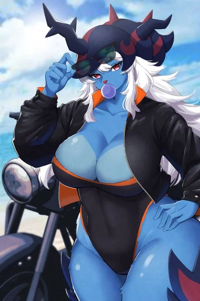 Motorcyclist girl, she saw something attractive in you and wants to take you for a ride (Serafin, the hisuian Samurott).