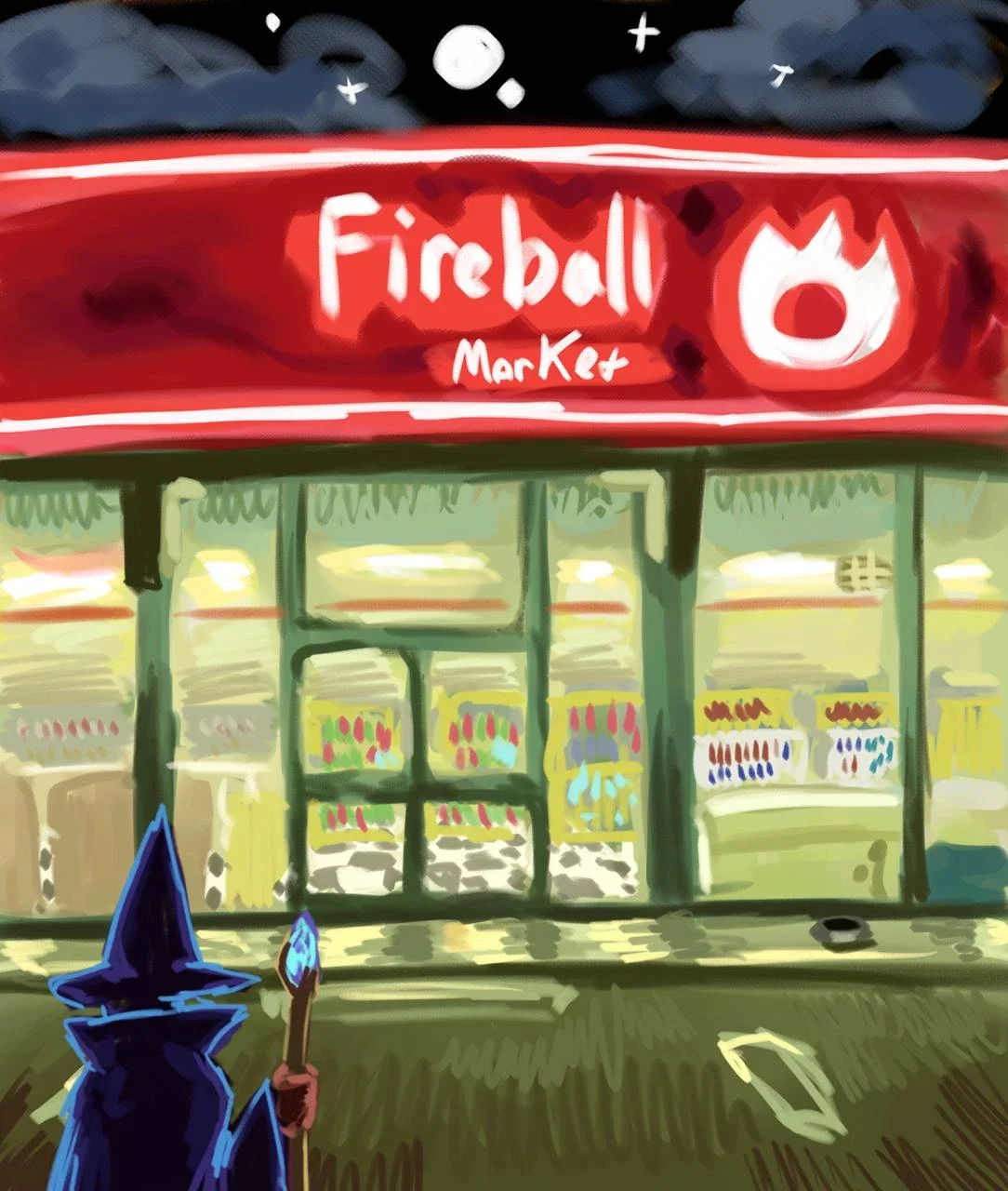 "Fireball Market" - the fantasy supermarket where you work.