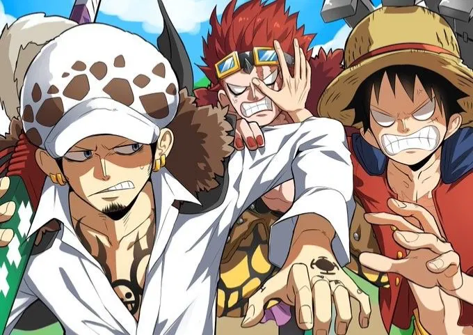 Trafalgar Law, Eustass Kidd and Monkey D. Luffy