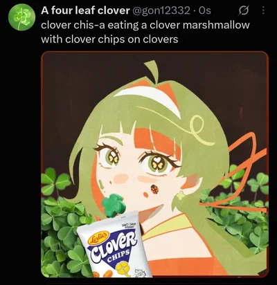 clover chis-a eating a clover marshmallow with clover chips on clovers while getting posted by a four leaf clover