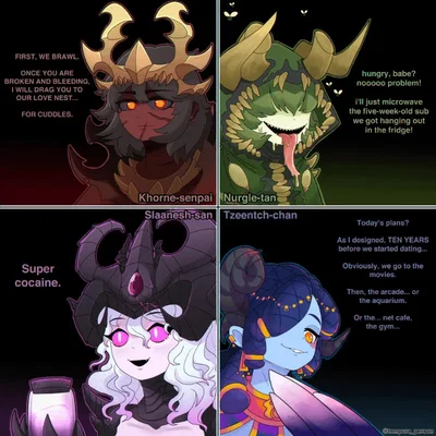 The 4 Chaos Gods: Khorne , Slaanesh , Nurgle and Tzeentch