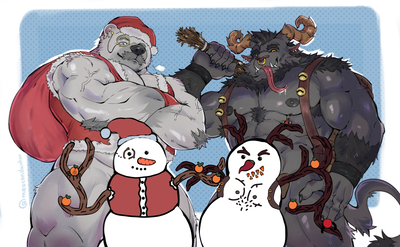 big, fluffy Santa and Krampus