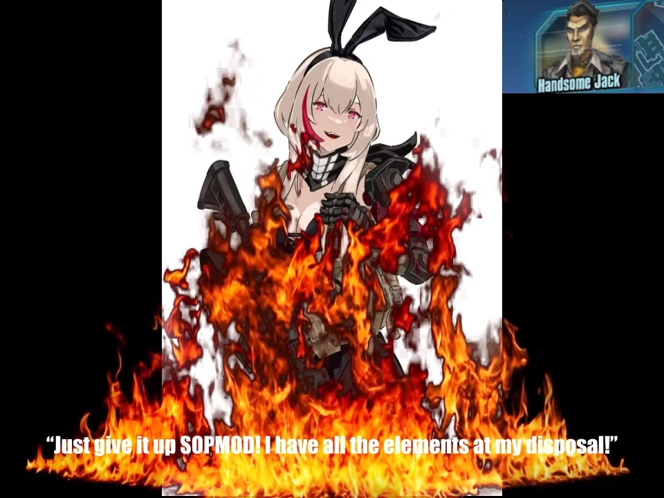 SOPMOD gets lit aflame by (Totally not Handsome Jack) handling a Molotov incorrectly.