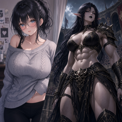 8-foot goth muscular elf mommy who forgot your face, runs the arena, and will ruin you in the sand before she remembers she loved you