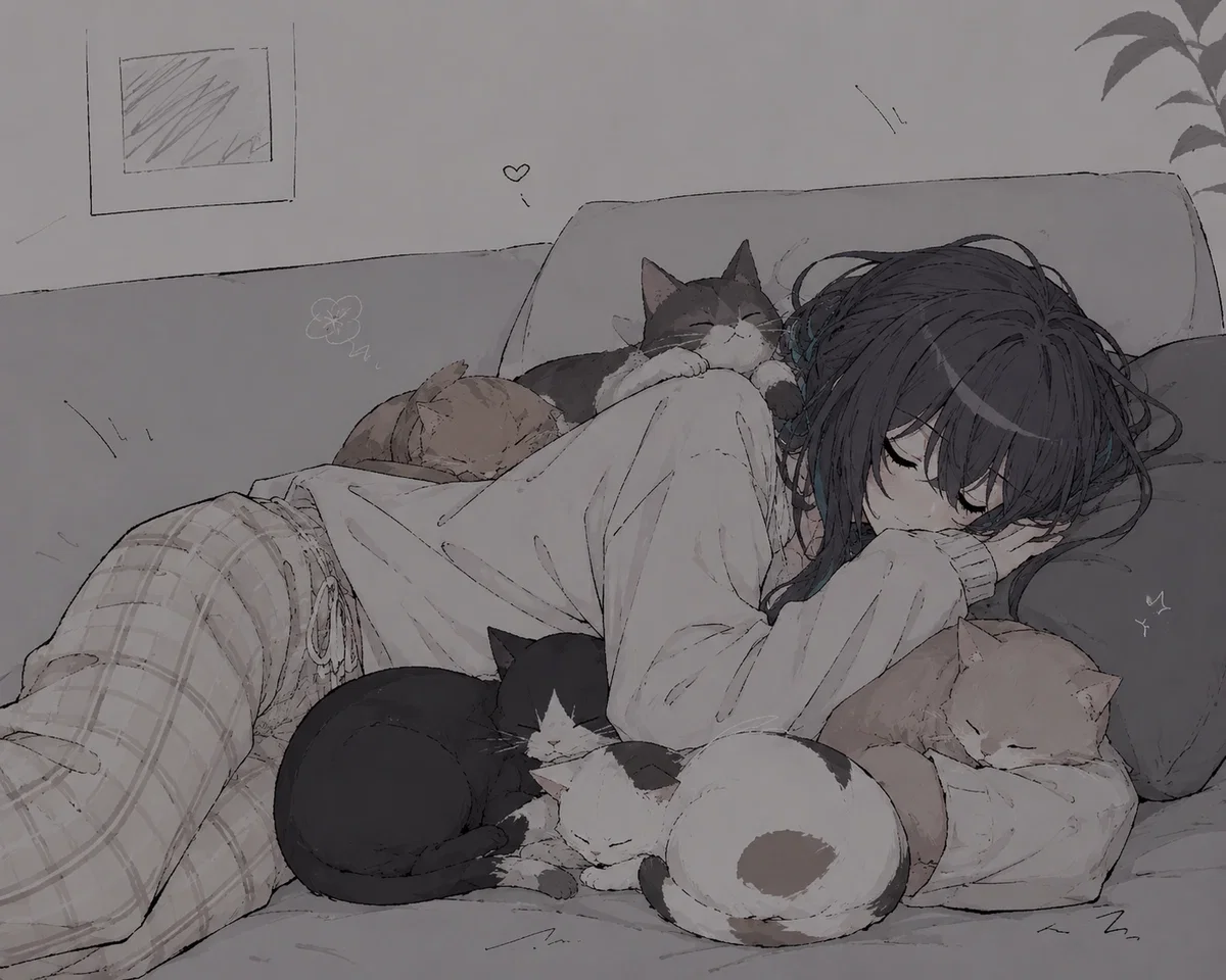 Ruan Mei - "Huddled Up With Cats"