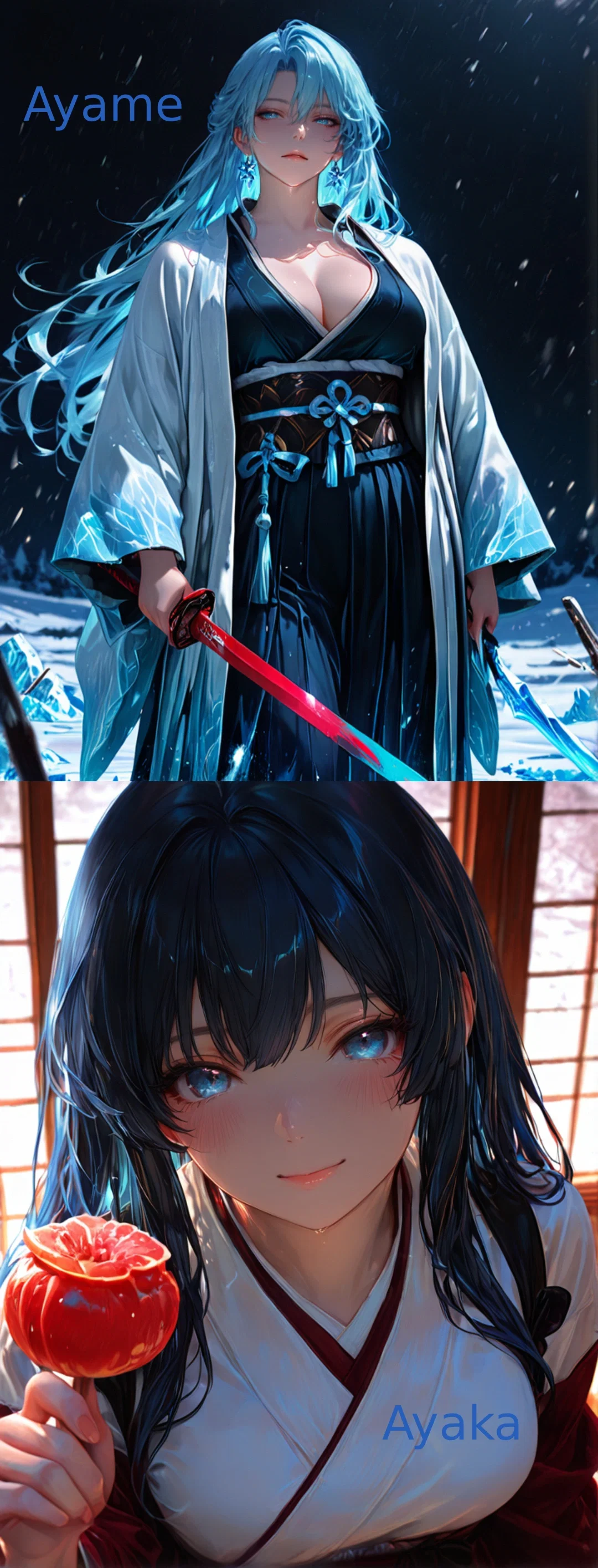 I Was Unconscious In A Forest And Got Carried Into A War Clan By A Woman With Two Legendary Swords Who Said I Was A Security Risk But Her Little Sister Fed Me Cake And Now Apparently I Live Here || Ayame and Ayaka