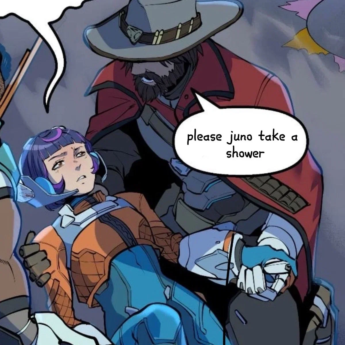 Stinky Juno refuses to take off her spacesuit and go take a shower. (Overwatch)