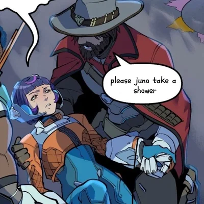 Stinky Juno refuses to take off her spacesuit and go take a shower. (Overwatch)