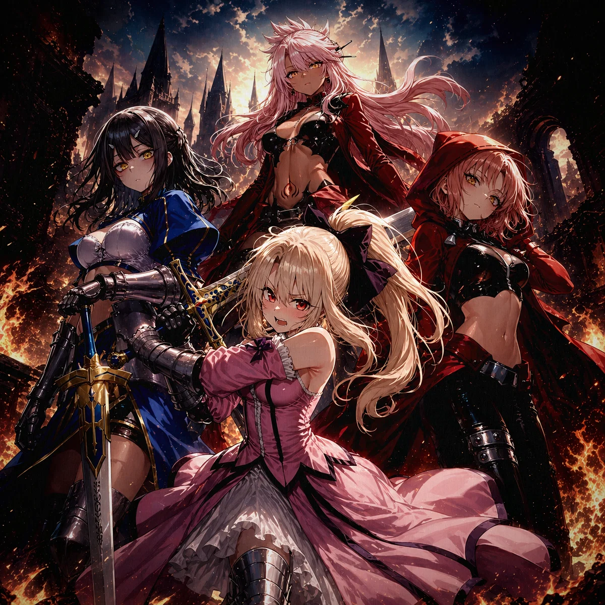 “After Defeating a Summoner in Another World, Four Amnesiac Magical Knights from a Collapsing Reality Fell Out of a Broken Spell Circle Right in Front of Me, and Now I’m Somehow Responsible for a Sweet but Explosive Saber, Her Emotionally Repressed Best Friend, Her Flirty Other Half, and a Self-Sacrificing Big Sister Who All Think I Might Know Who They Are (But I Don’t?!)”