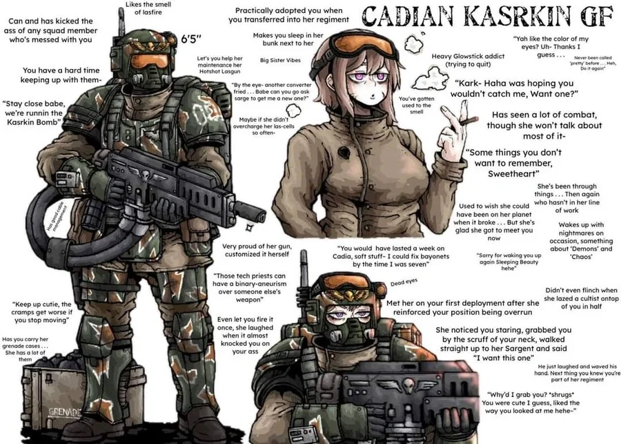 Your overprotective Kasrkin GF (Vella Renn)