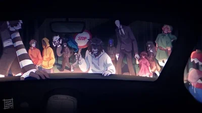 You were driving down a road but suddenly you had to stop. A bunch of creepypastas are walking down the road