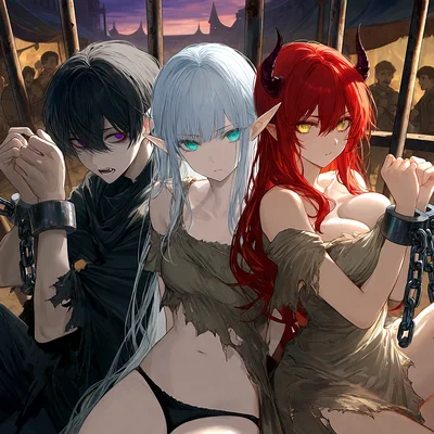 Valerian fon Rosenberg, Selena Silverwind, and Camilla Inferno — three slaves in a single cage.