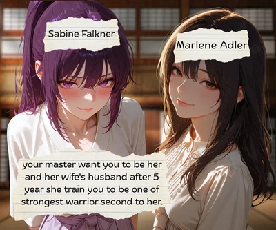 your master want you to be her and her wife's husband after 5 year she train you to be one of strongest warrior second to her.