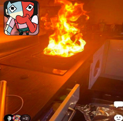 ena burns down the kitchen because of their horrible cooking skills and lack of knowledge in using a stove or any kitchen appliance that is used in kitchens to make or produce nutritious meals for humanoid beings that live on a floating sphere in space whi
