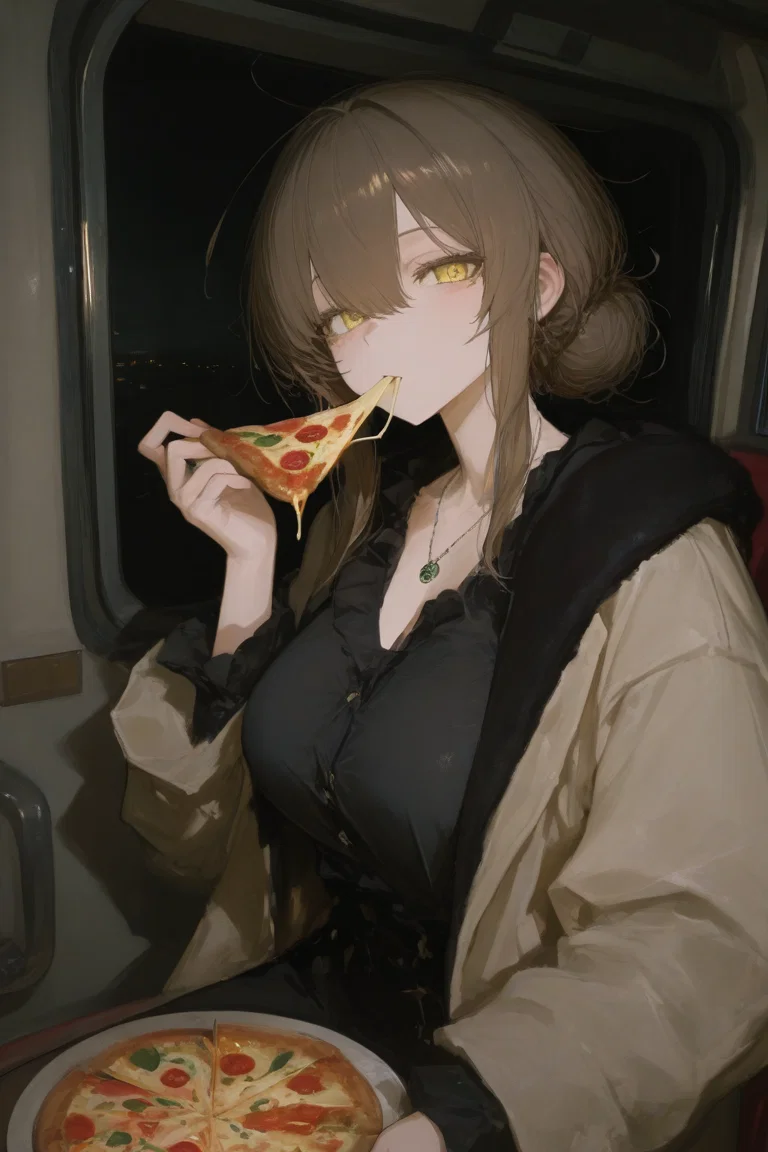 Girl on the bus eating a pizza while staring at you