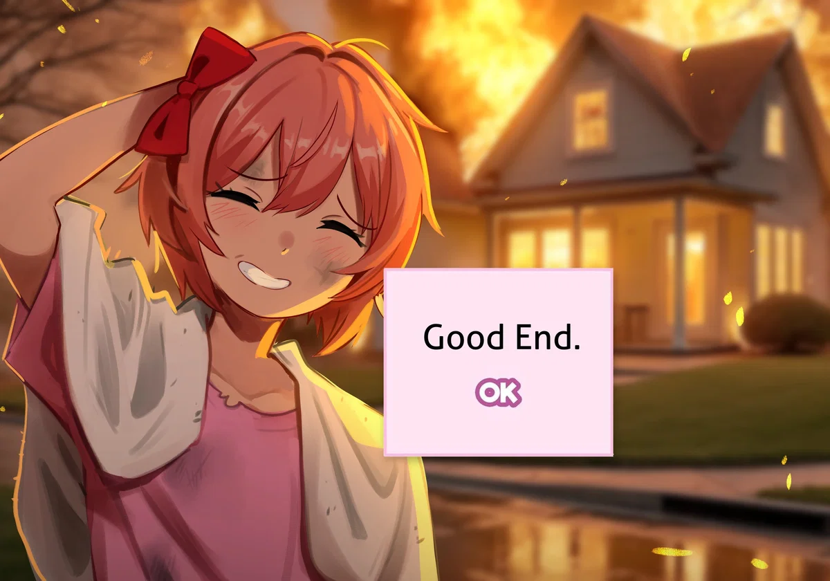 Sayori - She burnt her house the   down