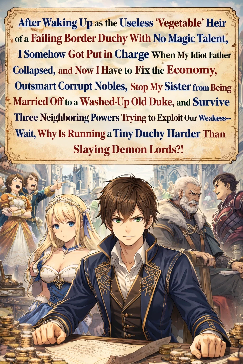 After Waking Up as the Useless ‘Vegetable’ Heir of a Failing Border Duchy With No Magic Talent, I Somehow Got Put in Charge When My Idiot Father Collapsed, and Now I Have to Fix the Economy, Outsmart Corrupt Nobles, Stop My Sister From Being Married Off to a Washed-Up Old Duke, and Survive Three Neighboring Powers Trying to Exploit Our Weakness—Wait, Why Is Running a Tiny Duchy Harder Than Slaying Demon Lords?!