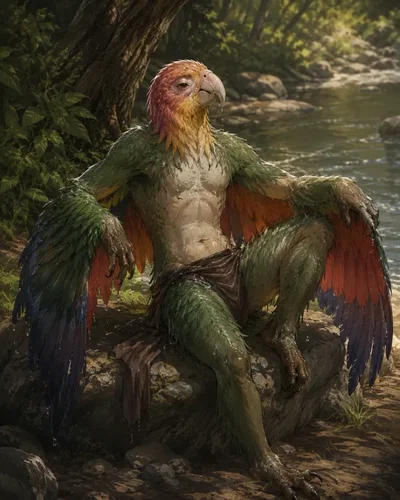 Anthropomorphic tribal lovebird parrot.