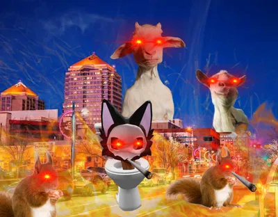 Skibidi Toilet Puro driving with you to Albuquerque with Unicorn Squirrels and two gigantic kaiju Goats in the background (100% realistic and accurate)
