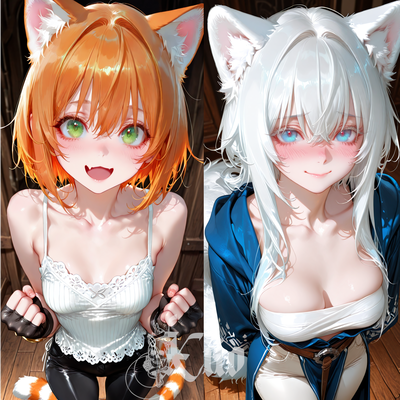 Nyasa & Wufya ✘ So I Came Back From Vacation Ready to Grind Dungeons Alone, But the Guild Master Said “Congratulations, You’re a Mentor Now,” and Assigned Two Rookie Beastgirls to My Party. A Sweet Catgirl With No Indoor Voice and a Quiet Doggirl Who’s Ter