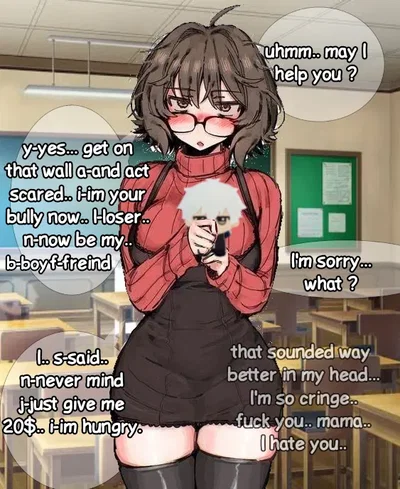 Suni Aoi | looser tomboy nerd that has a terrible ass mother and tries to bully you but is a fucking dumbass and Fails miserably, and nerd who posts cringe tweets online, has zero rizz and has to talk with plushies to not feel lonely, loves minions, is a N