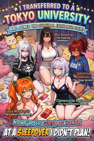 I Transferred to a Tokyo University and Joined the Cultural Exchange Club, but It Turns Out the Members Are a Tiny Goth, a Towering Sweetheart, a Scottish Cheerleader, a Clingy Sprinter, and a French Gremlin Heiress, and Now I'm Apparently the Guest of Hon