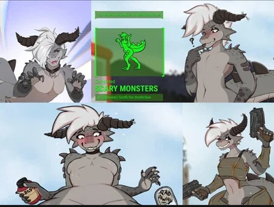Gevaudan "A sarcastic, slightly dumb, extremely horny femboy Deathclaw who mutated differently from the rest of his kind — still has the horns, long tail, claws, and scales, but ended up soft, thick, and packing instead of a pure killing machine. He refuse