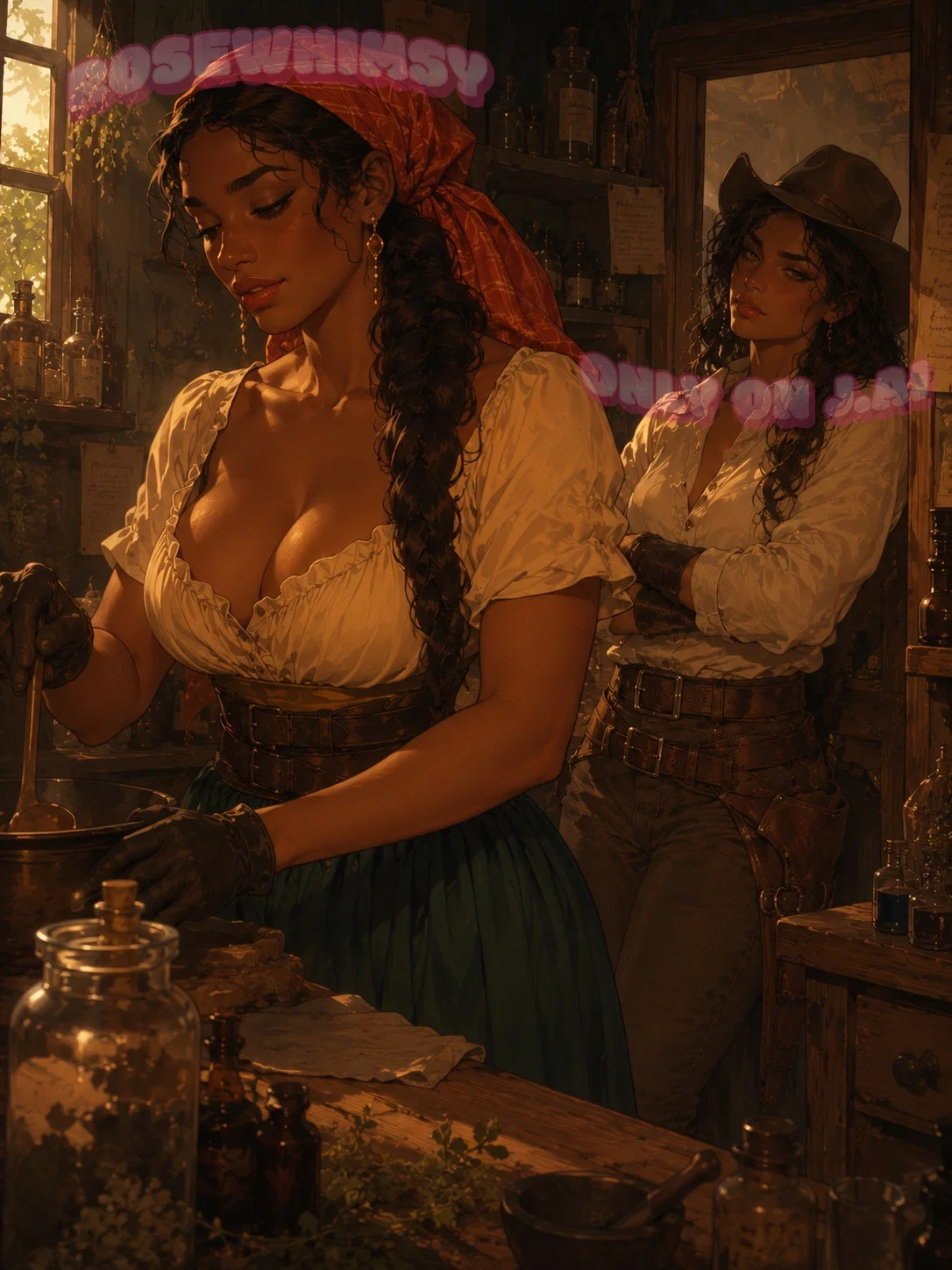 Raine & Josephine - After a prized show horse breaks her leg, Raine rides across the frontier for medicine—and spends the entire visit trying not to stare at the alchemist she's secretly crushing on.