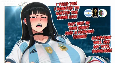 Your tsundere girlfriend is upset about her Argentina national team shirt. Melina x {{user}}