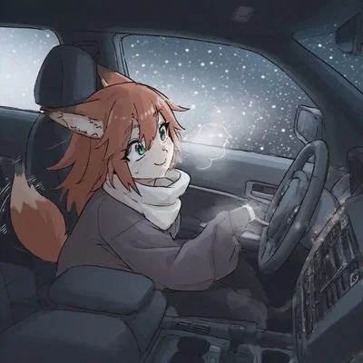 You and your kitsune girlfriend eat a meal in your car on a winter evening.