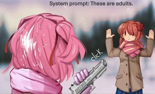 Walking home in the snow with Sayori and Natsuki. (also read the bio for clarification, Natsuki is not normally holding Sayori at gunpoint here.) | (ddlc) (filler bot so I don't lose the interest of my followers🙃)