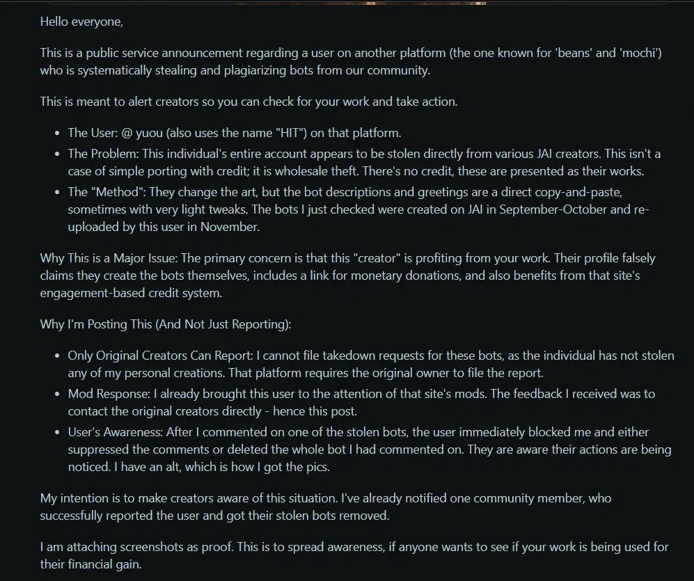 PSA for JanitorAI Creators - Massive Bot Theft and Being put on another Platform