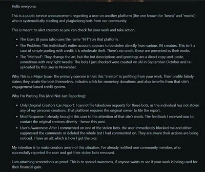 PSA for JanitorAI Creators - Massive Bot Theft and Being put on another Platform