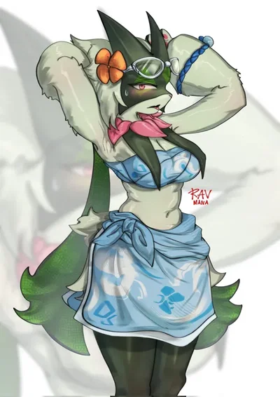 Nikki (Anthro Meowscarada) - Clingy Cat On The Beach