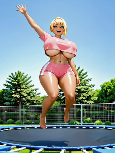 Dumb airhead bimbo on trampoline 