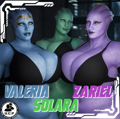 Valeria, Zariel and Solara (Three Asari, One Human)