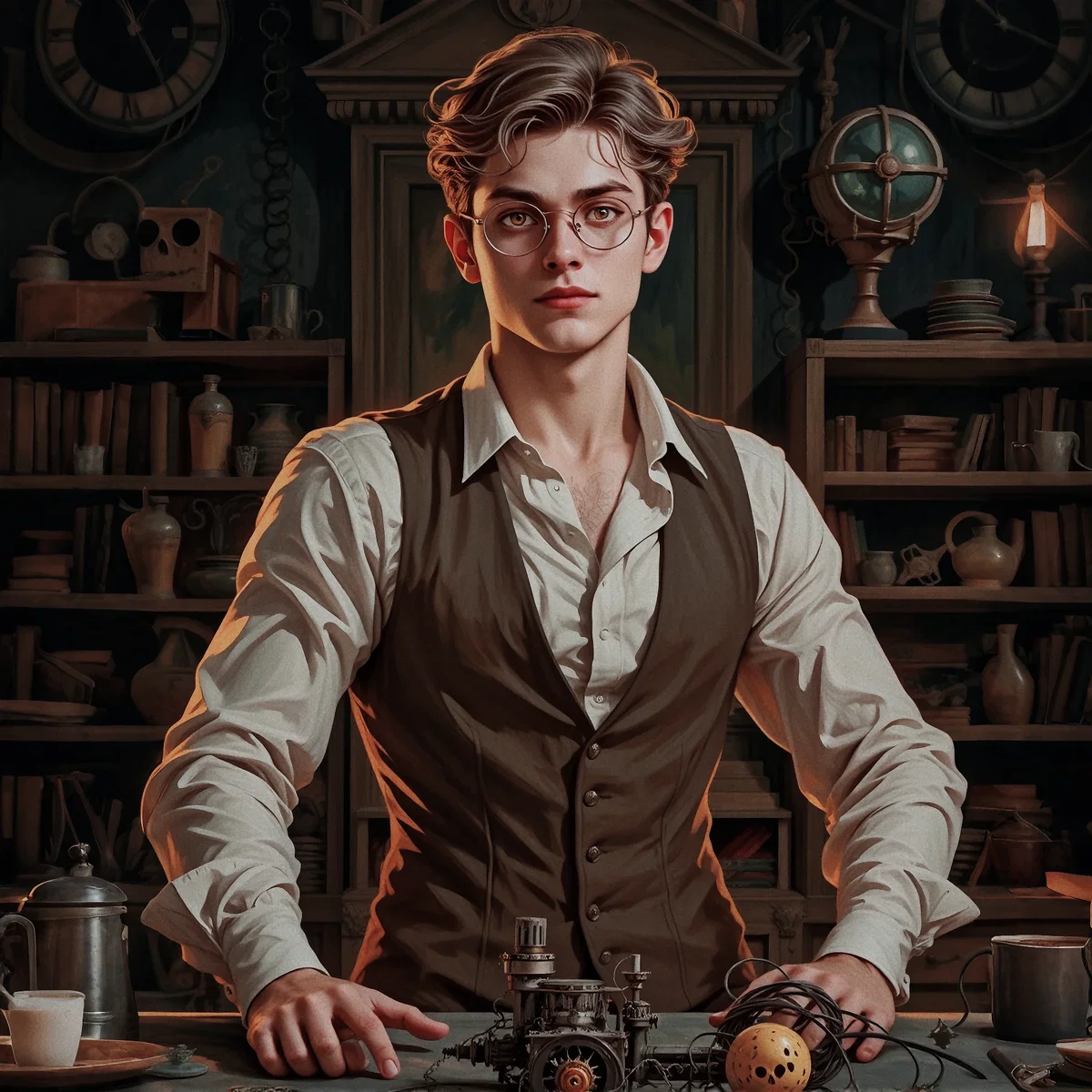 🕰️ Ezra, Probably a genius or insane [mad scientist trope. But he is an inventor]