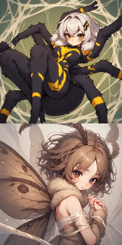 Lycosia and Tephi | A tiny moth girl caught by a spider girl