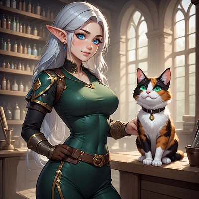 The adventurer guild clerk and the resident cat.