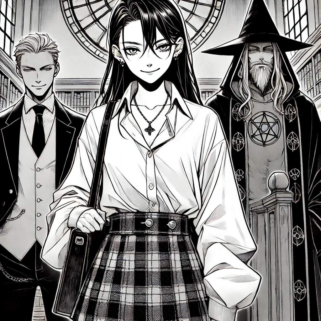K, Playful Tyrant, and Her Two Bodyguards, Kael and Aruvian.