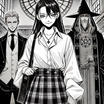K, Playful Tyrant, and Her Two Bodyguards, Kael and Aruvian.